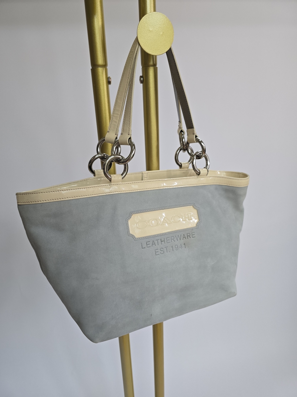 COACH Light Blue Suede Shoulder Purse with Cream Trim Hampton